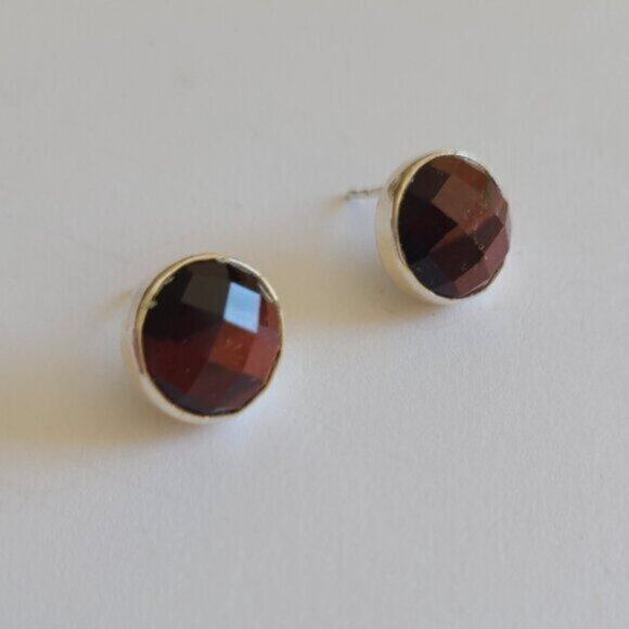 Vintage Silver Tiger's Eye Circle Chunky Bezel Faceted Cabochon Stud Earrings - Picture 2 of 4